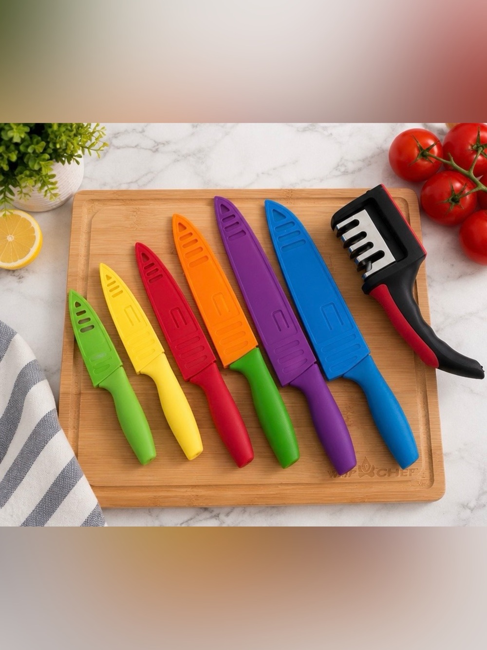 Colorful Kitchen Knife Set with Covers + Meat Tenderaizer Cutting Board Bundle